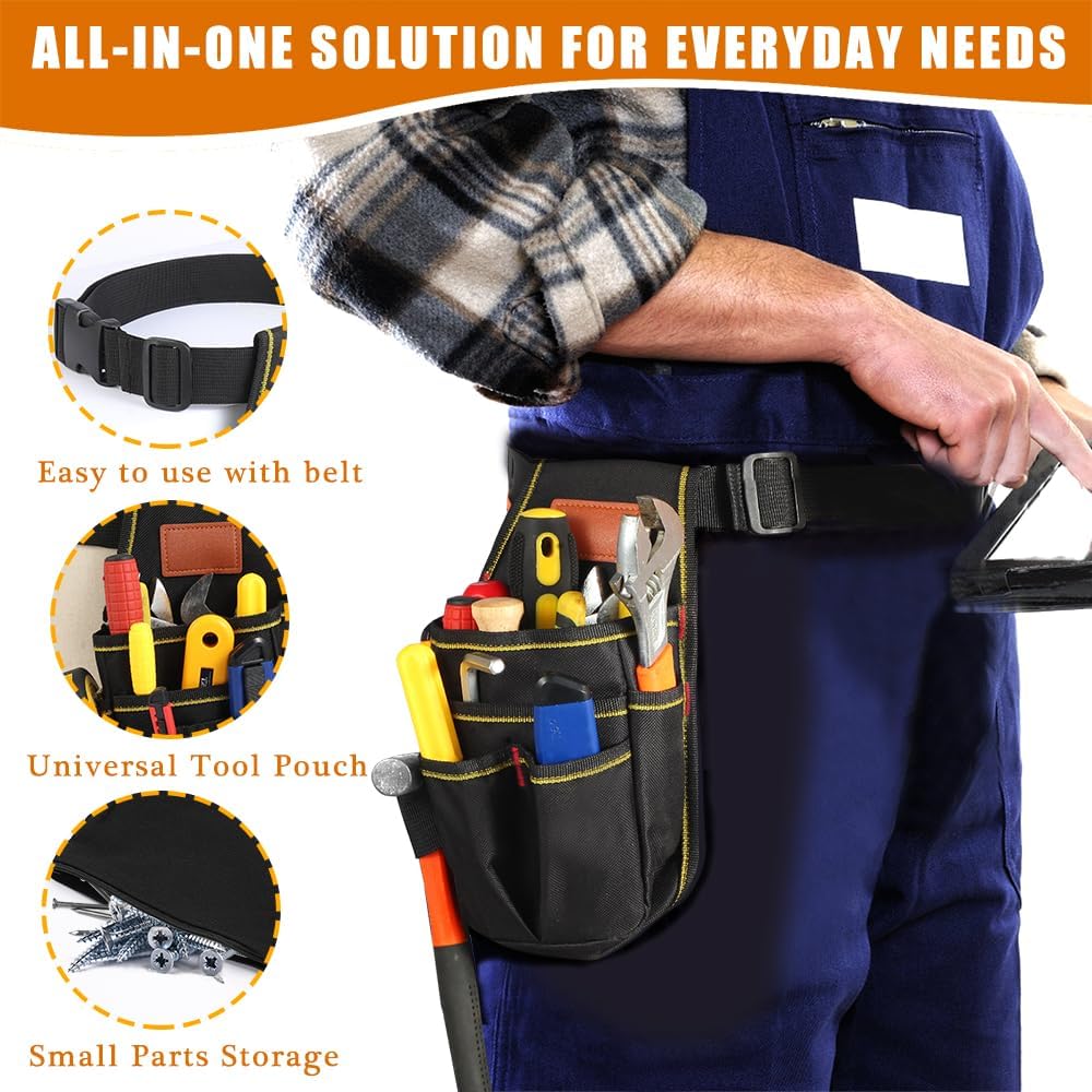 Universal Small Tool Pouch, Small Tool Bag, Tool Pouch with Belt, Industrial Grade Thickened Wear-Resistant Oxford Cloth, 12 Storage Ports, Ideal for Electricians, Mechanics, Carpenters and More