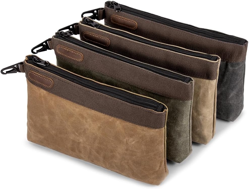 Waxed Canvas Tool Pouches 4 Pack – 11-Inch Heavy-Duty Zipper Tool Bags Set, Waterproof Utility Storage Pouches for Tools, Cables, Gear & Supplies – Rugged Tool Organizer Bags