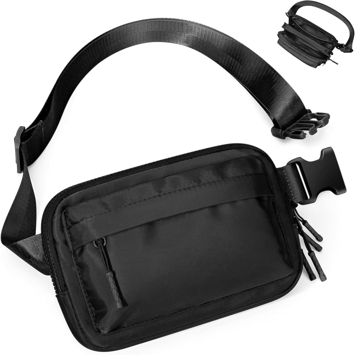 Fanny Packs for Men Men,Belt Bag with 4 Zipper Pockets,Waterproof Crossbody Bag,Fashion Waist Packs with Adjustable Long Strap for Workout/Running/Yoga/Shopping/Hiking,Black
