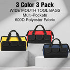 3 Pack Tool Bag for Men with Waterproof Hard Bottom, Heavy Duty Tool Bag Wide Mouth Tote for Various Instrument, Electrician Carpenter Mechanic(13 Inch,Blue, Red, Yellow)