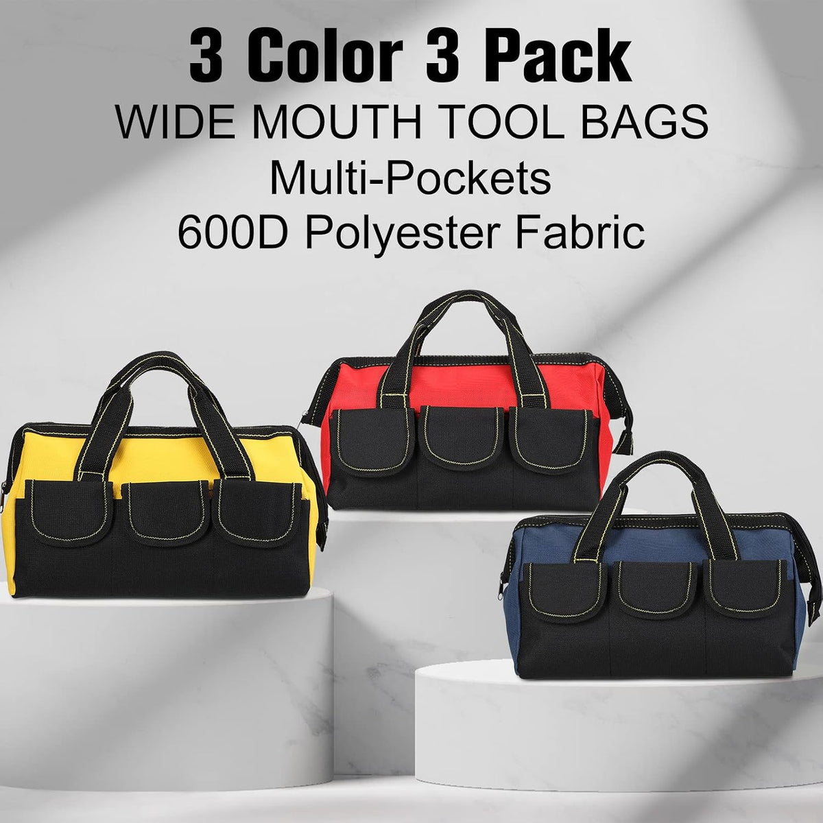 3 Pack Tool Bag for Men with Waterproof Hard Bottom, Heavy Duty Tool Bag Wide Mouth Tote for Various Instrument, Electrician Carpenter Mechanic(13 Inch,Blue, Red, Yellow)