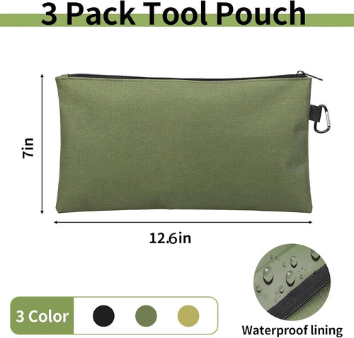 3 Pack Tool Bag Zipper Pouch, Premium Tool Pouch, Utility Multipurpose Storage Organizer Tool Pouches with Carabiner Metal Zipper for Tools, Stationary, Pencil Pouch (3 Pack, Tan, Navy Green, Black)