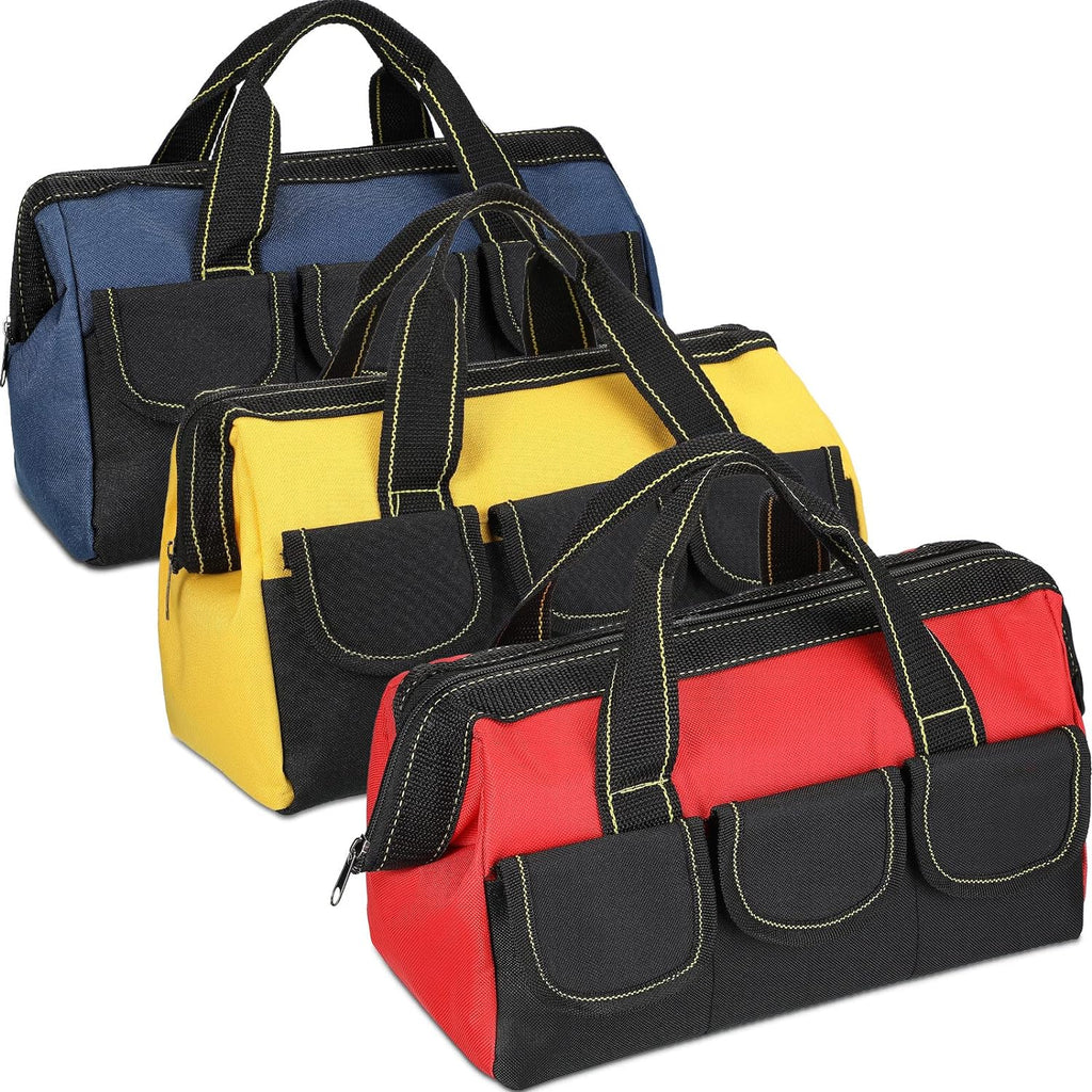 3 Pack Tool Bag for Men with Waterproof Hard Bottom, Heavy Duty Tool Bag Wide Mouth Tote for Various Instrument, Electrician Carpenter Mechanic(13 Inch,Blue, Red, Yellow)