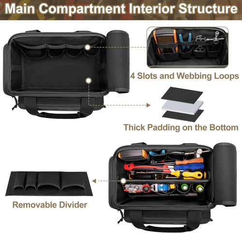 12-Inch Tool Bag with Anti-friction Bottom, Hand Tool Storage Organizer Bag for Men, Tactical Range Bag, Multi-purpose Work Tote for Repairman, Electrician, Carpenters, Handyman, Black