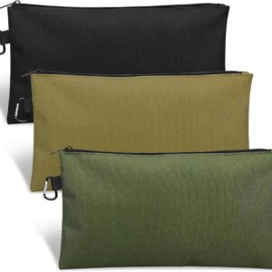 3 Pack Tool Bag Zipper Pouch, Premium Tool Pouch, Utility Multipurpose Storage Organizer Tool Pouches with Carabiner Metal Zipper for Tools, Stationary, Pencil Pouch (3 Pack, Tan, Navy Green, Black)