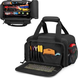 12-Inch Tool Bag with Anti-friction Bottom, Hand Tool Storage Organizer Bag for Men, Tactical Range Bag, Multi-purpose Work Tote for Repairman, Electrician, Carpenters, Handyman, Black